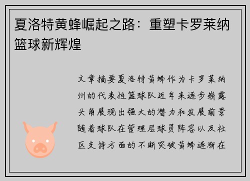 夏洛特黄蜂崛起之路:重塑卡罗莱纳篮球新辉煌 夏洛特黄蜂崛起之路:重塑卡罗莱纳篮球新辉煌